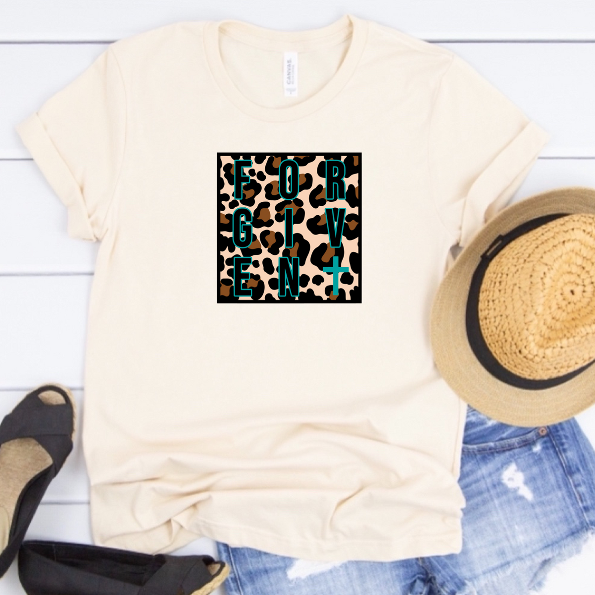 FORGIVEN w/ Teal Cross & Leopard Print - T-Shirt / Sweatshirt Unisex Sizing