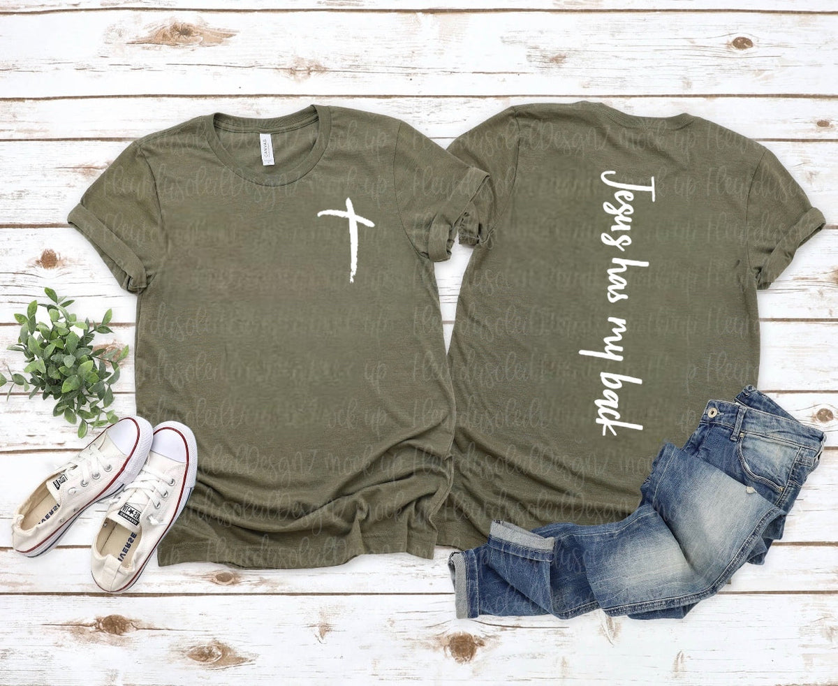 Distressed Cross (On Left Chest) - Jesus Has My Back (Down Center of Back)