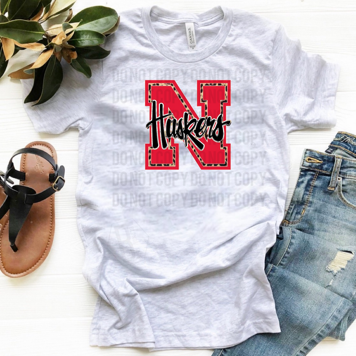 Nebraska Cornhuskers Huskers Reg w/ Leopard - Ash Grey Tee