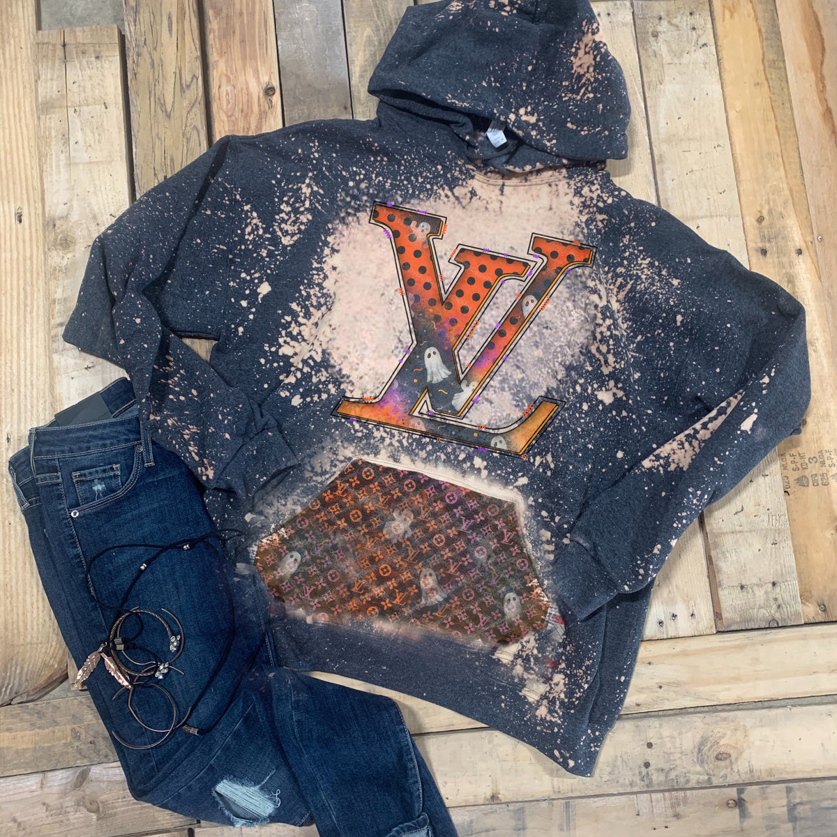 Boujee Letters - Acid Wash Splatter Ht Black Hoodie - w/ Ghost Pocket
