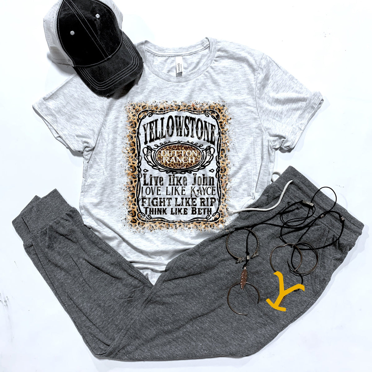 Yellowstone Dutton Ranch - Live Like John / Love Like Kayce / Fight Like Rip / Think Like Beth - Leopard Print and/or Yellow Y Joggers - 6 Style Options