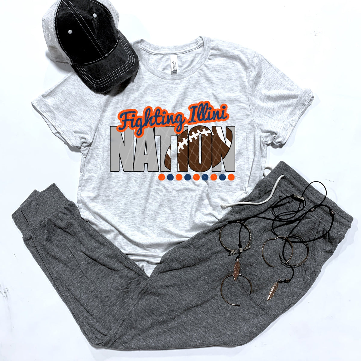 Fighting Illini Nation w/ Football - Blue & Orange Text - 13 Color Options