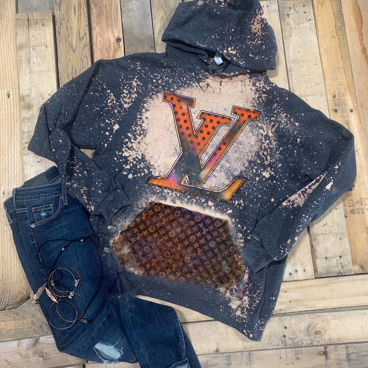 Boujee Letters - Acid Wash Splatter Ht Black Hoodie - w/ Ghost Pocket