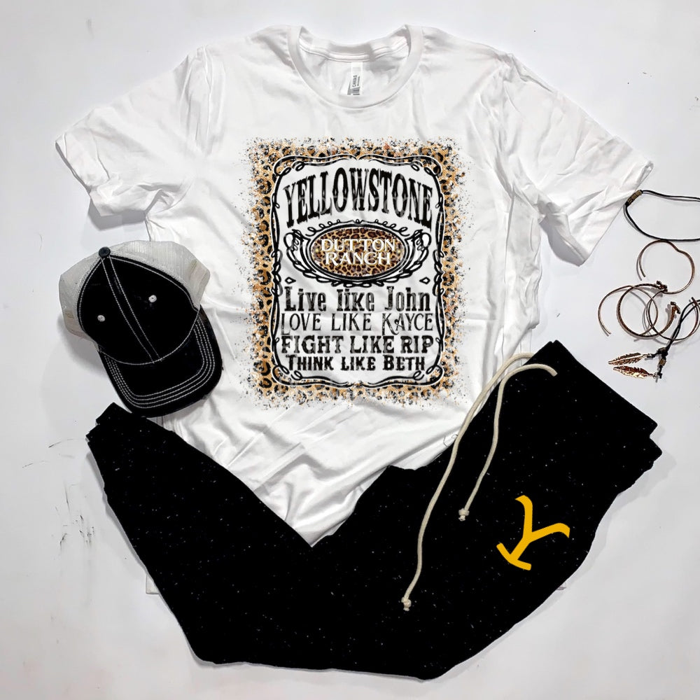 Yellowstone Dutton Ranch - Live Like John / Love Like Kayce / Fight Like Rip / Think Like Beth - Leopard Print and/or Yellow Y Joggers - 6 Style Options