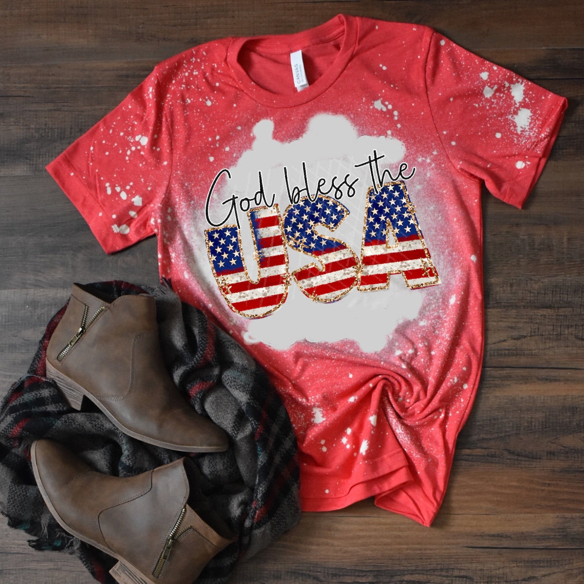 God Bless The USA w/ American Flag & Gold Glitter Print