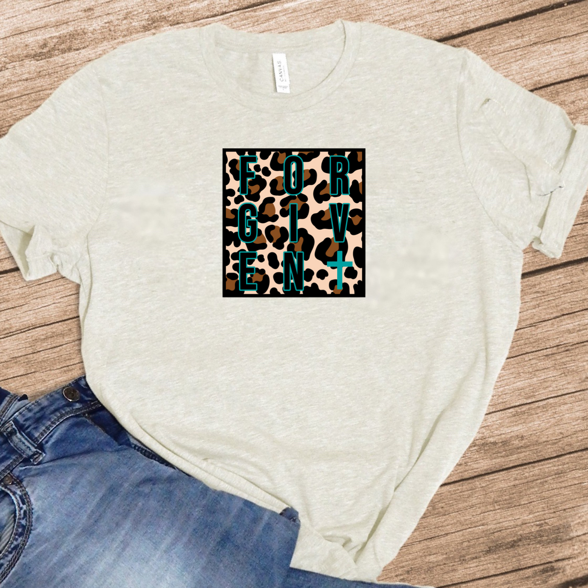 FORGIVEN w/ Teal Cross & Leopard Print - T-Shirt / Sweatshirt Unisex Sizing