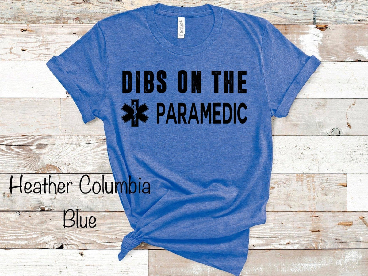 Dibs on the Paramedic - Black Ink - Heather Royal Blue Tee