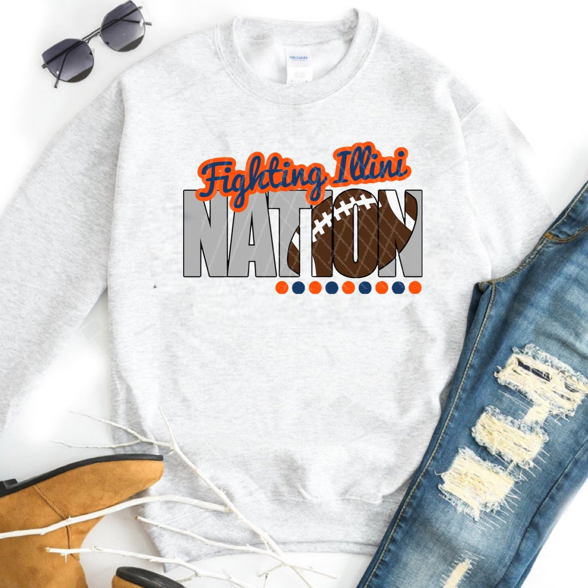 Fighting Illini Nation w/ Football - Blue & Orange Text - 13 Color Options
