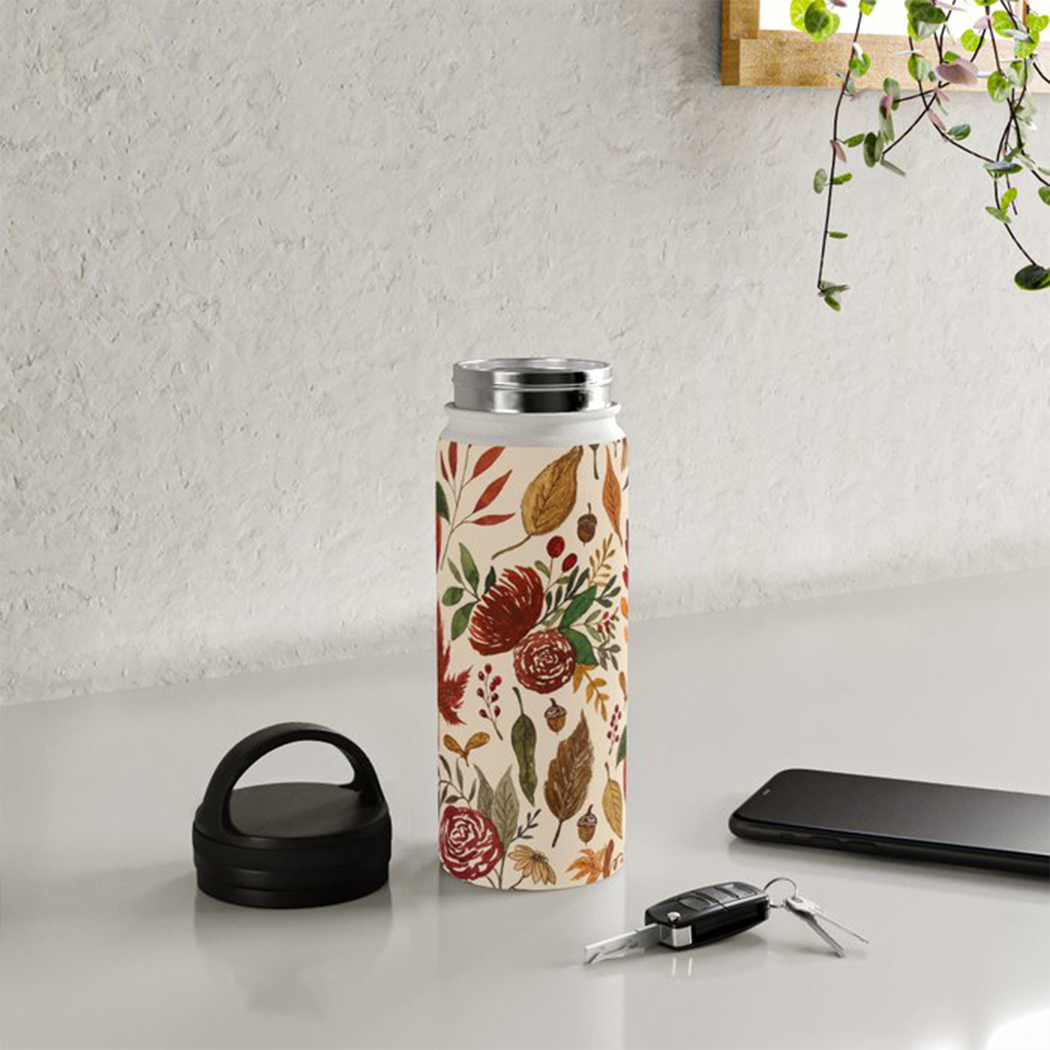 Watercolor Floral Pumpkin, Leaves, & Berries Handle Lid Water Bottle
