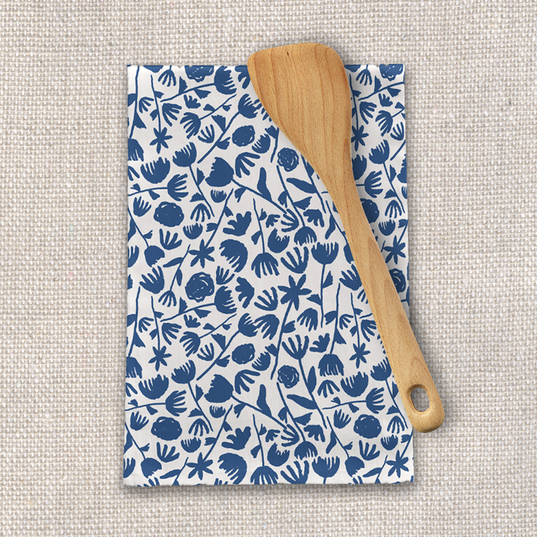 Dark Blue Ink Floral Tea Towel