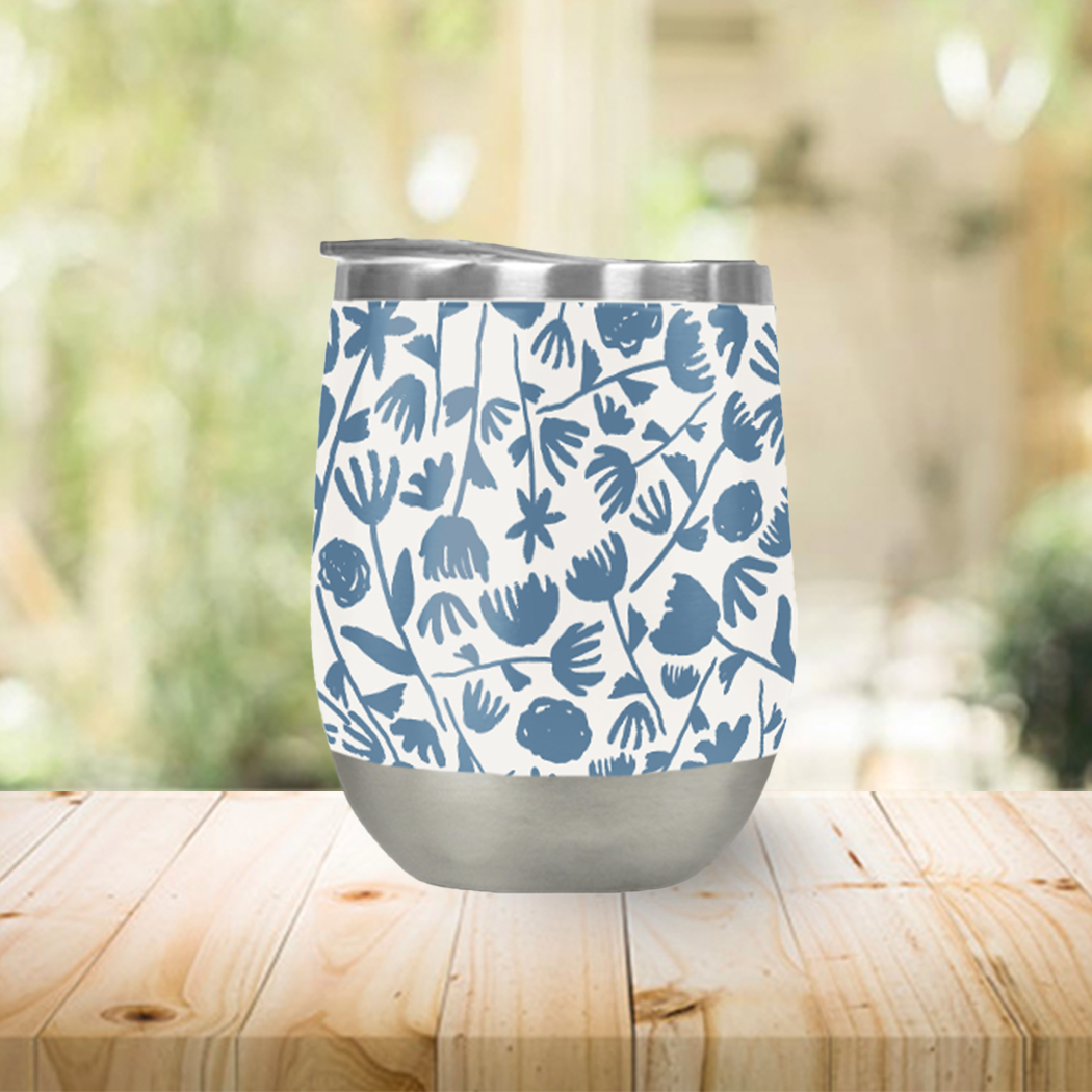 Light Blue Ink Floral Wine Tumbler