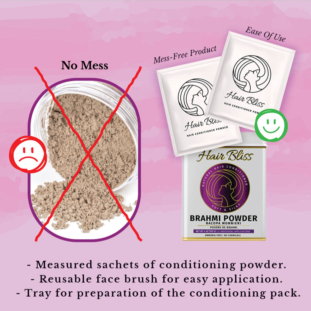 Hair Bliss- Natural Brahmi Bacopa Herbal Hair & Skin Conditioning Powder- 12 Individual Sachets (10 gm each)- Reusable Brush & Tray Included