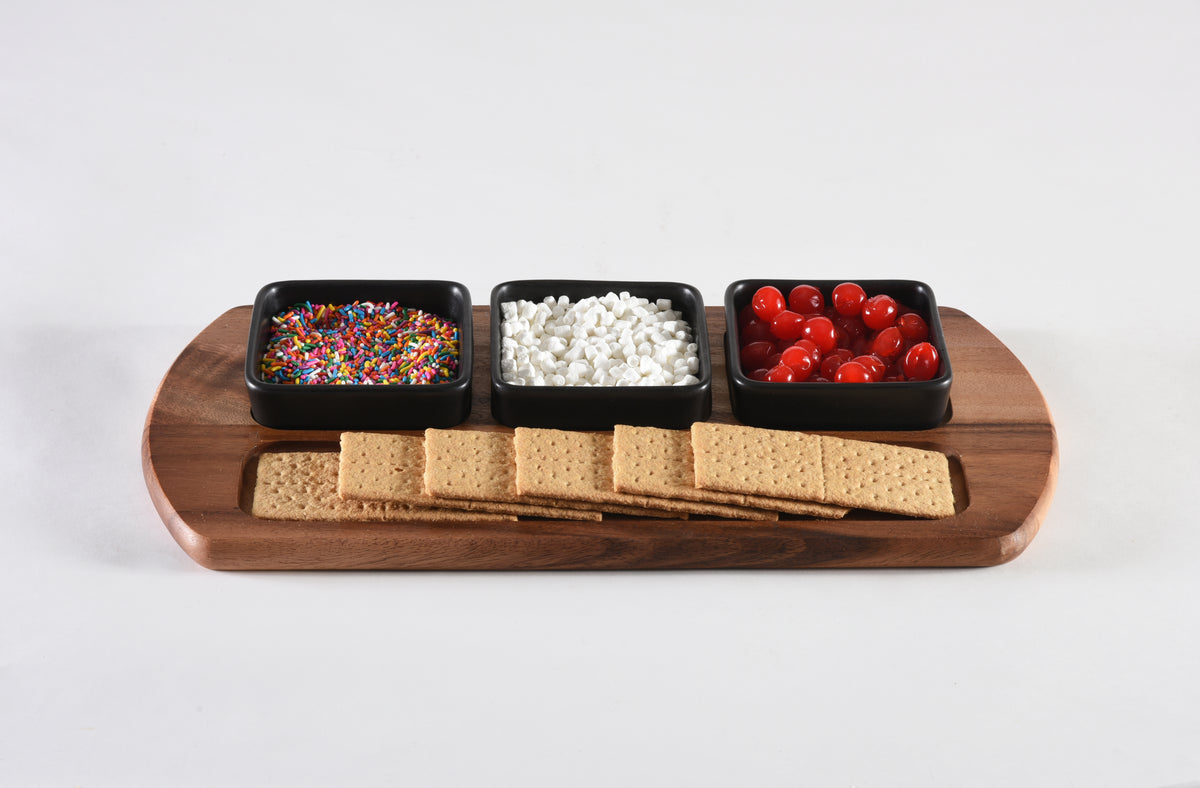 Charcuterie/ Serving Tray w/ 3 black square ceramic bowls