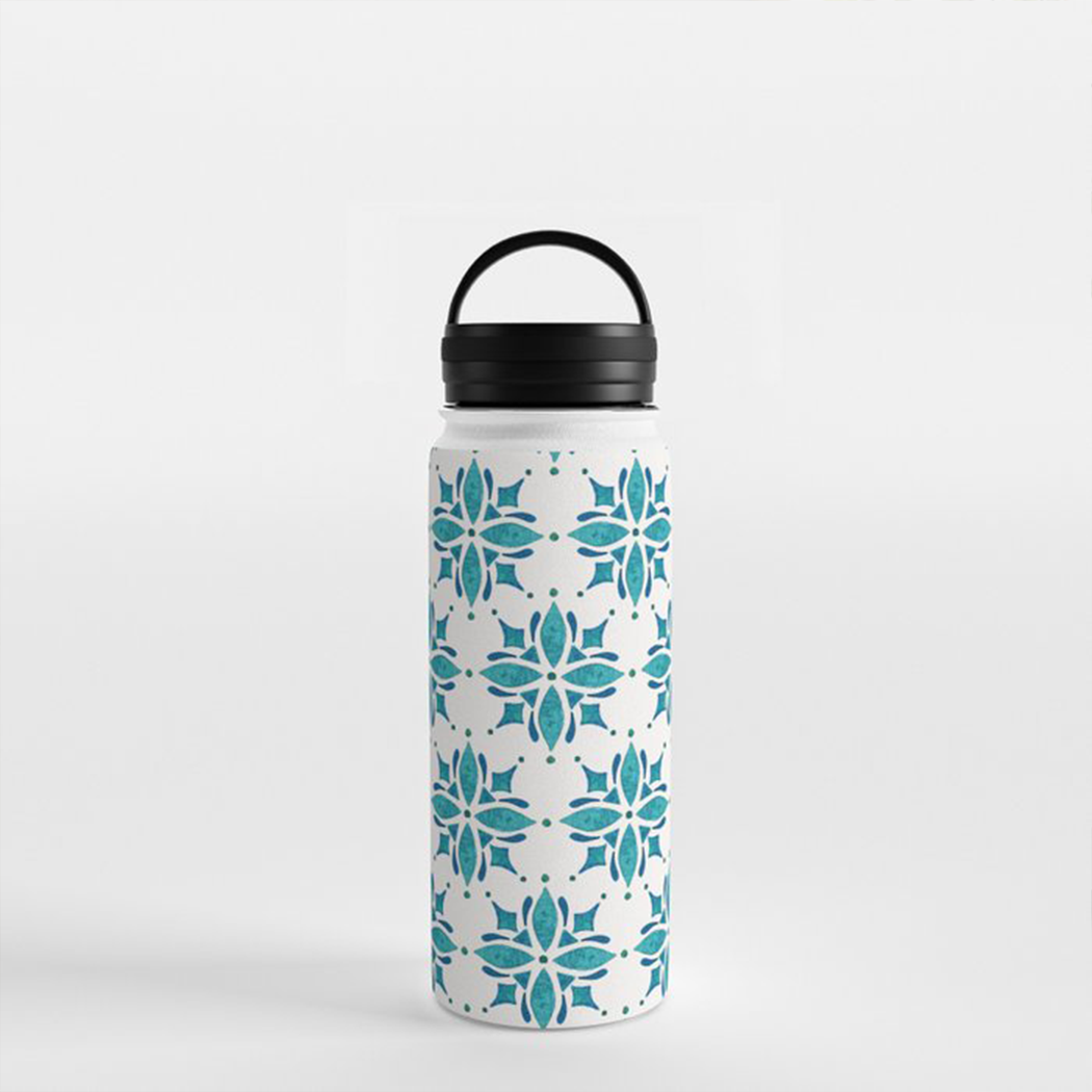 Teal Watercolor Tile Handle Lid Water Bottle