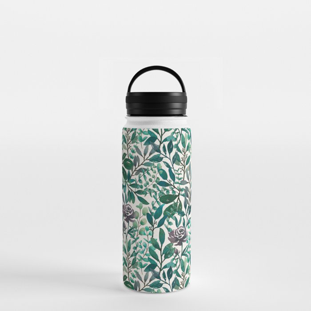 Purple Flowers and Eucalyptus Leaves Handle Lid Water Bottle