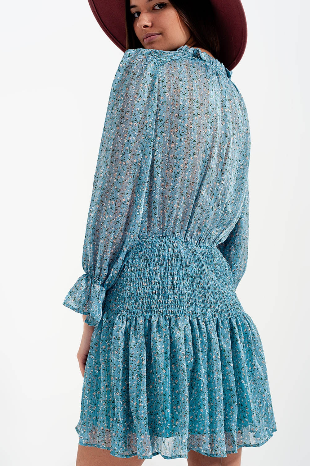 Shirred Skirt Mini Dress With Keyhole Detail in Turquoise