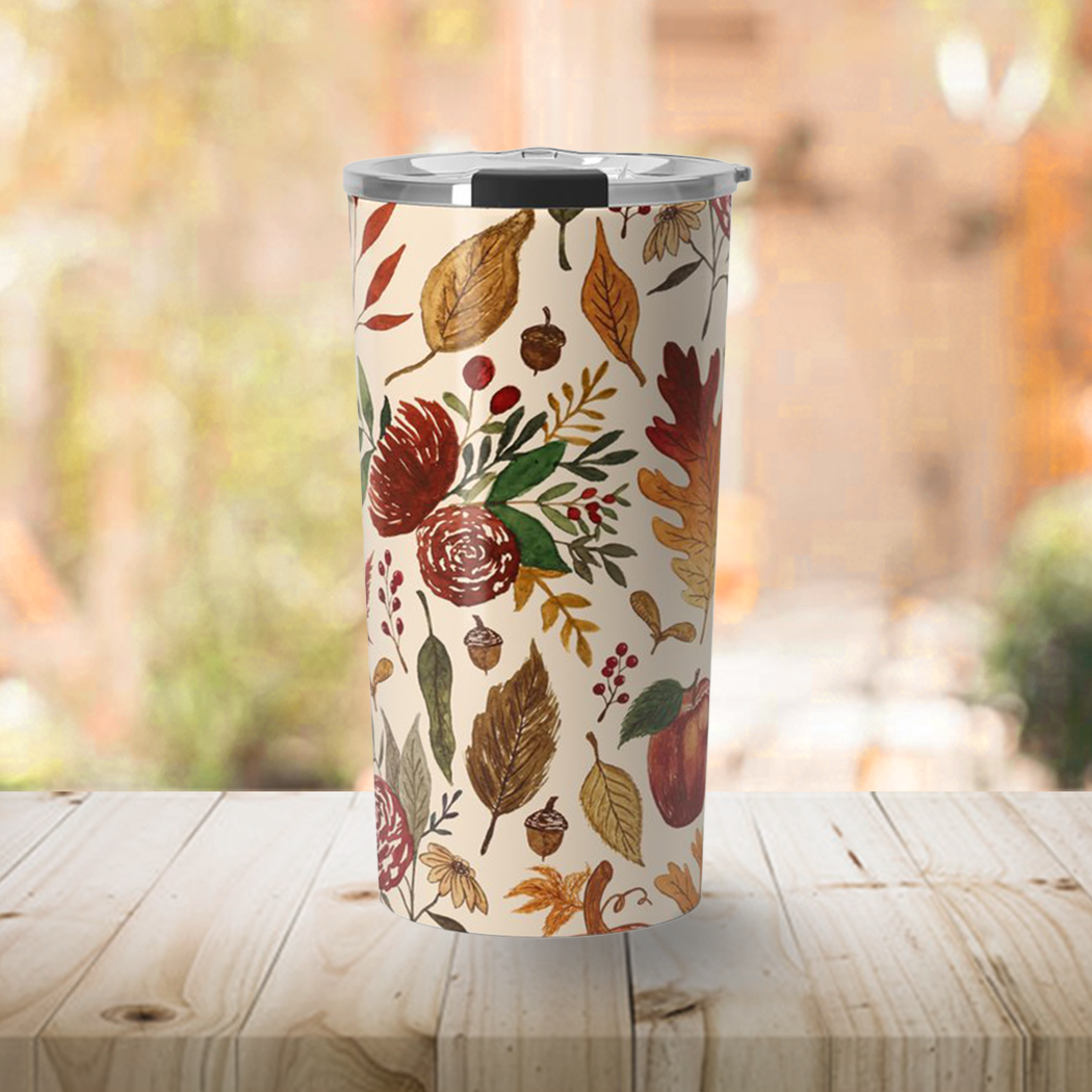 Watercolor Floral Pumpkin, Leaves, & Berries Travel Mug
