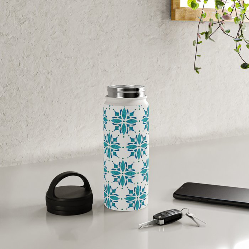 Teal Watercolor Tile Handle Lid Water Bottle