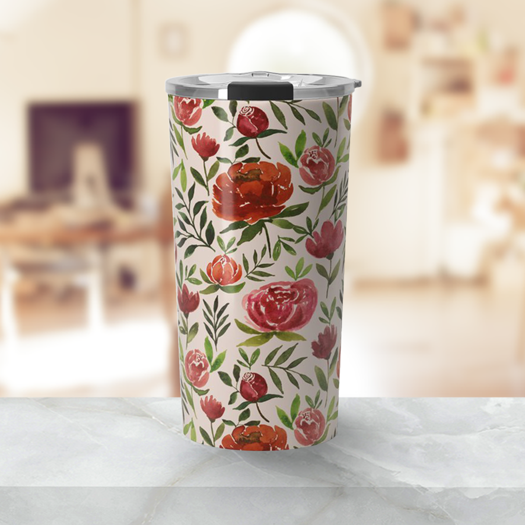 Burgundy Watercolor Floral Travel Mug